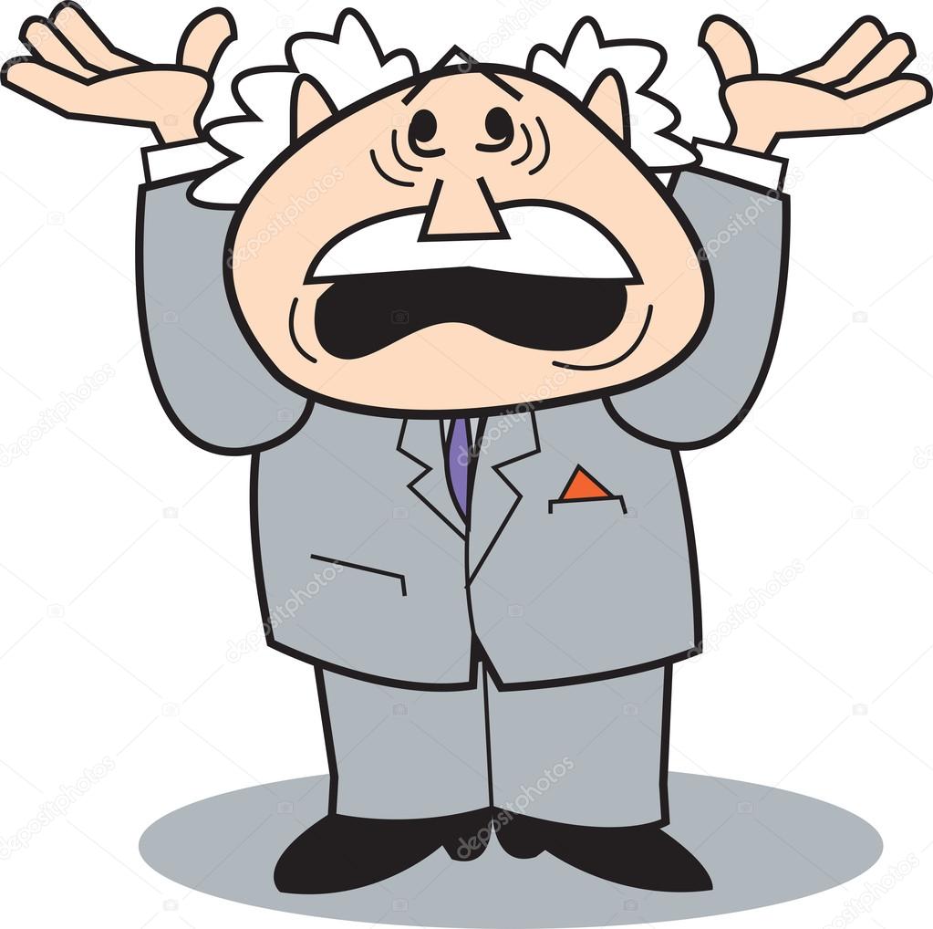 Man in a suit, yelling and holding up his arms