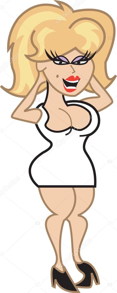 Sexy, busty blond woman in a tight and short dress and heels, fluffing her hair, on a white background