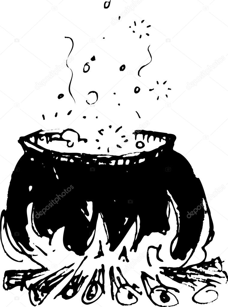 A cauldron of brew cooking over a fire