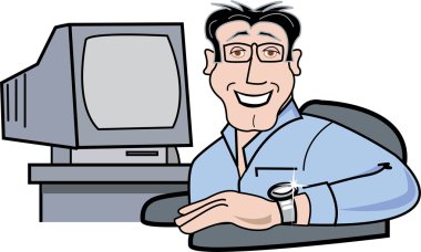 onun bilgisayar tarafından oturan gözlüklü inek adam