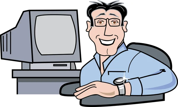 Geeky man in glasses sitting by his computer — Stock Vector