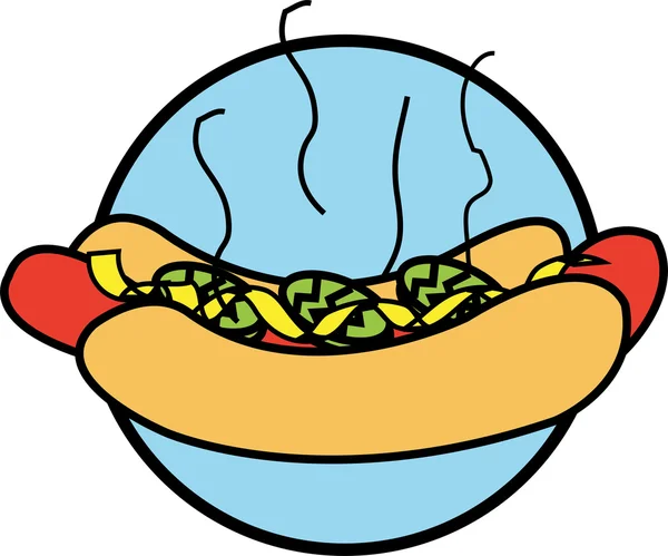 Steaming Hotdog In A Bun Topped With Mustard And Relish — Stock Vector