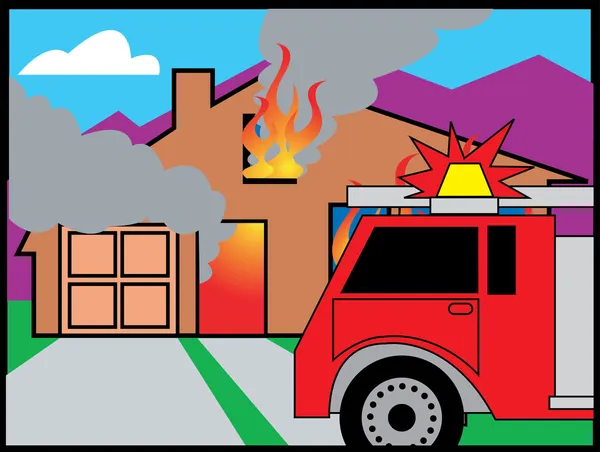 Camión de bomberos frente a una casa en llamas — Archivo Imágenes Vectoriales