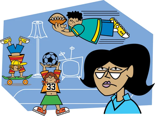 Unavená žena sledoval, jak její hyper děti sportovat — Stockový vektor