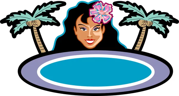 Pretty Hula Girl Looking Over A Blank Palm Tree Sign — Stock Vector