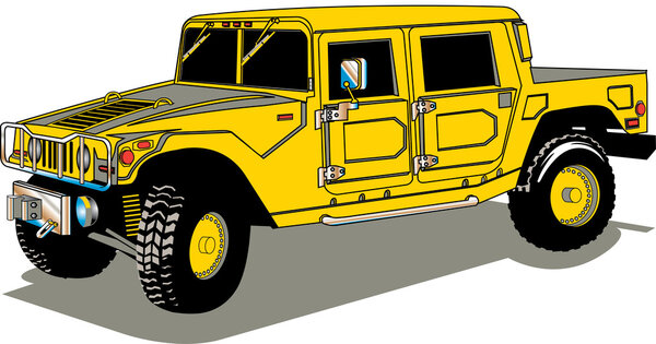 Большой желтый автомобиль Hummer H2 с кузовом грузовика
