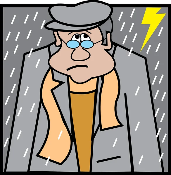 Triste hombre caminando afuera en una tormenta de rayos y lluvia — Vector de stock