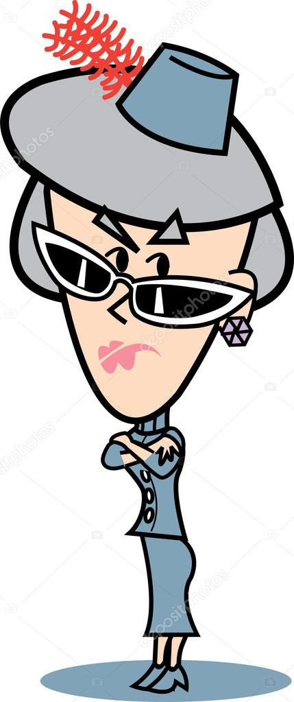 Mad retro granny woman leaning with her arms crossed, on a white background