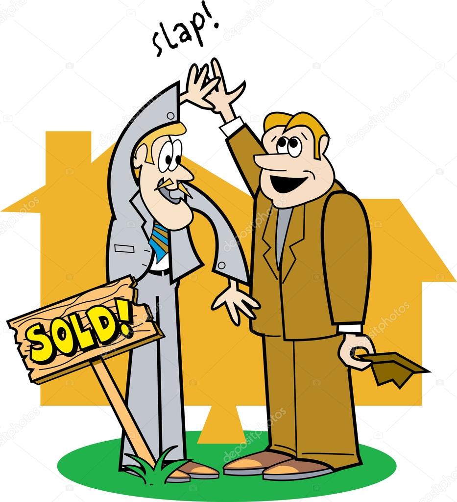 Couple of male real estate agents giving eachother a high five after selling a house