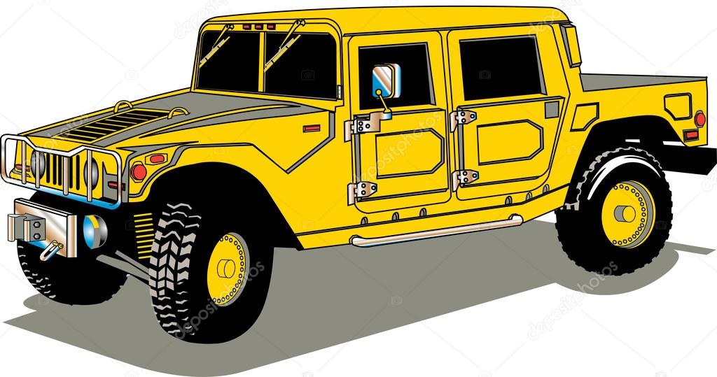 Big yellow hummer H2 vehicle with a truck bed
