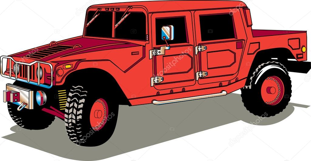 Big Red Hummer H2 Vehicle With A Truck Bed