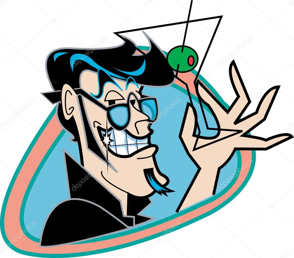 Handsome Black Haired Man Grinning And Holding Up A Martini Glass With An Olive