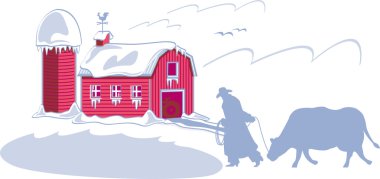 çiftlik sahibi ve kışın kontrast inek