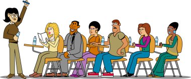 masaları oturma ve dinlemek için bir kadın öğretmen öğrenci grubu