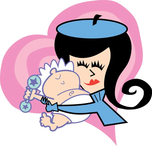 Retro Woman Mom Hugging Her Baby Over A Heart — Stock Vector