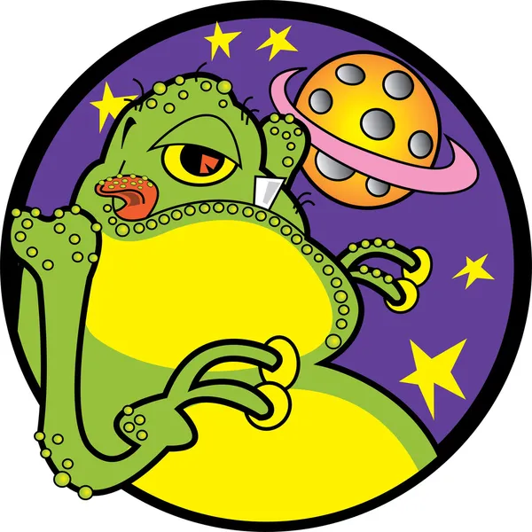 Big Fat Green Alien With A Yellow Belly And Yellow Suction Fingers Licking His Lips — Stock Vector