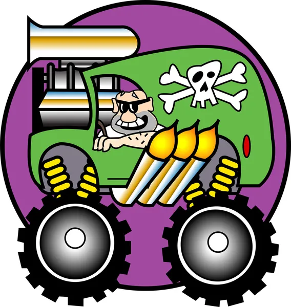 Man Driving A Big Green Monster Truck With A Skull — Stock Vector
