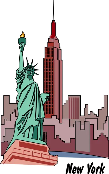 La estatua de la libertad y los rascacielos en Nueva York — Vector de stock