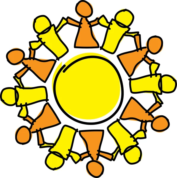 Circle of orange and yellow holding hands, symbolizing teamwork and support — Stock Vector