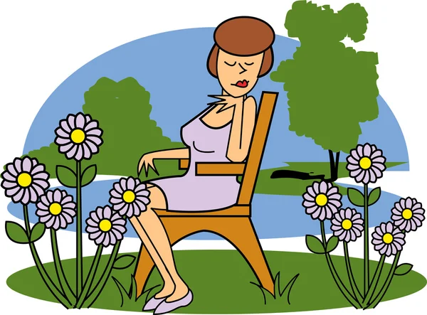 Pretty Brunette Woman Seated On A Wooden Park Bench — Stock Vector