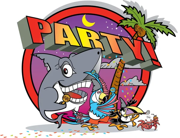 Shark Parrot Toucan And Crab Partying On A Tropical Beach — Stock Vector