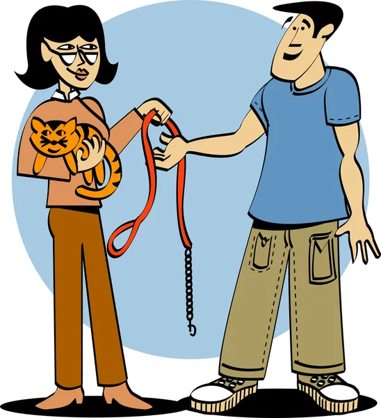 Woman Handing Her Kitty Cats Collar And Leash To A Pet Sitter — Stock Vector