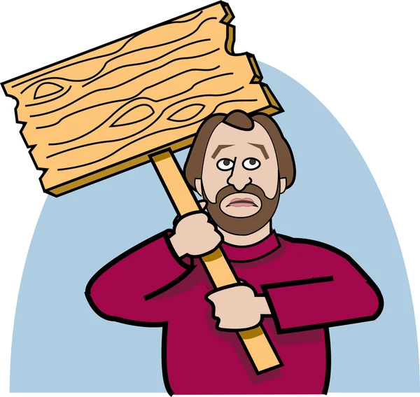Άνθρωπος σε ένα κόκκινο πουλόβερ, που κρατά μια ξύλινη πινακίδα — Διανυσματικό Αρχείο