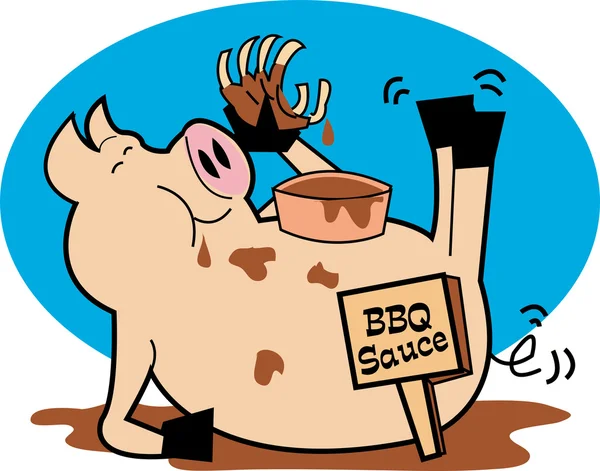 Gorda, cerdo hugry comiendo costillas y salsa Bbq — Vector de stock