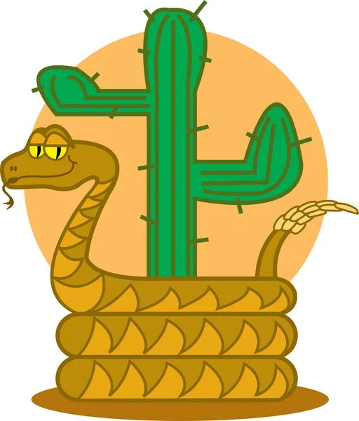 Slithery serpiente de cascabel enrollada alrededor de un cactus del desierto — Vector de stock