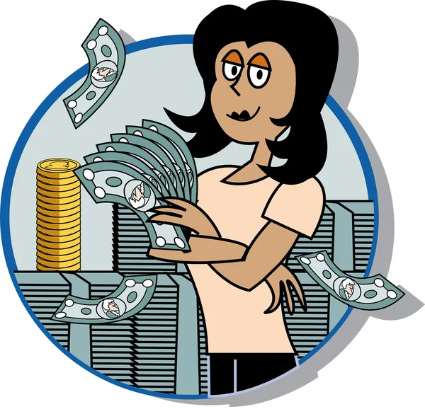 Femme d'affaires prospère debout par piles d'argent — Image vectorielle