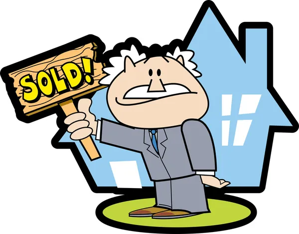 Sukces nieruchomości mężczyzna trzyma znak sprzedane — Wektor stockowy