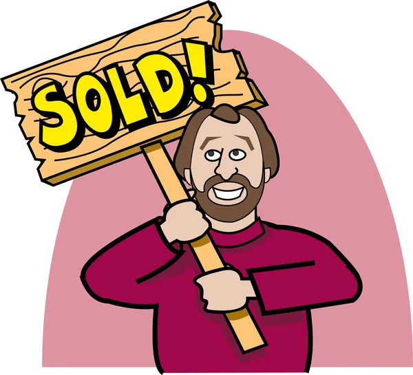 Ευτυχισμένος άνθρωπος σε ένα κόκκινο πουλόβερ που κρατάει μια ξύλινη πινακίδα πωλούνται — Διανυσματικό Αρχείο