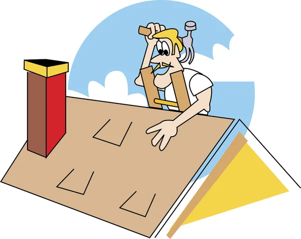 Louro masculino telhado em uma escada, remendando um telhado — Vetor de Stock