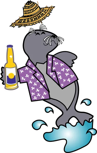 Happy Seal Drinking Beer And Wearing A Purple Shirt — Stock Vector