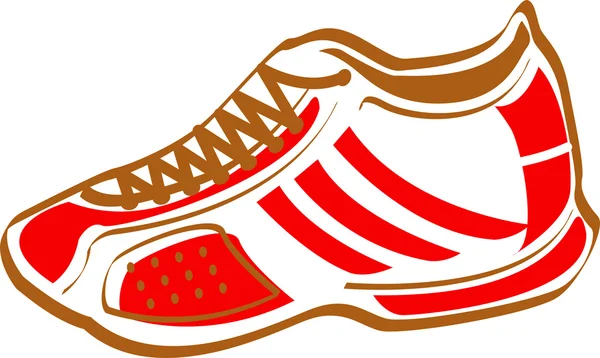 Zapatilla deportiva roja y blanca con cordones marrones — Vector de stock