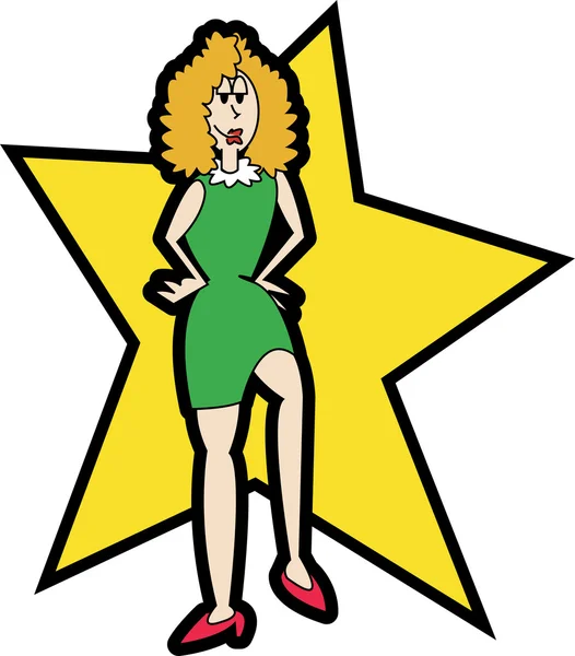 Жінка в зеленій сукні, що стоїть перед жовтою зіркою — стоковий вектор