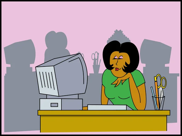 Mujer afroamericana sentada frente a una computadora en un escritorio de oficina — Vector de stock