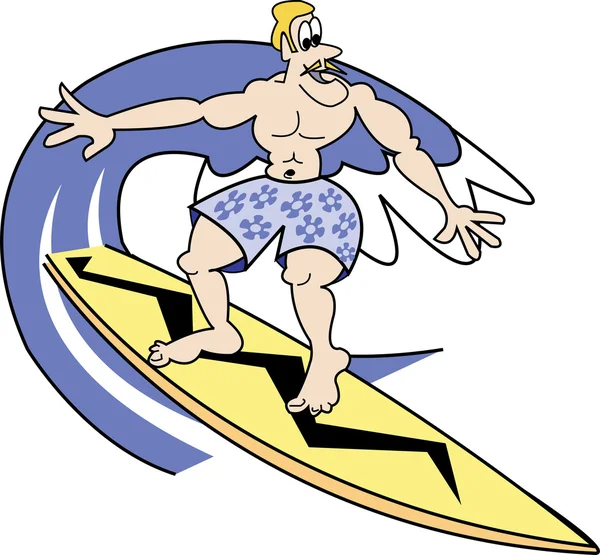 Gespierde blond surfer dude rijden een golf met een gele surfboard — Stockvector