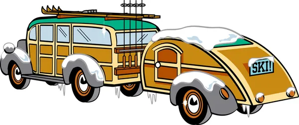 Woody Sedan With Skis And A Trailer — Stock Vector