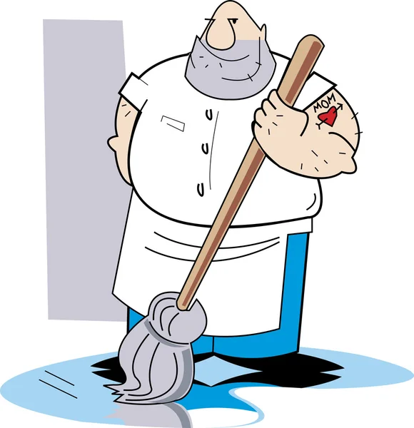 Grande peludo homem Mopping um sujo andar — Vetor de Stock