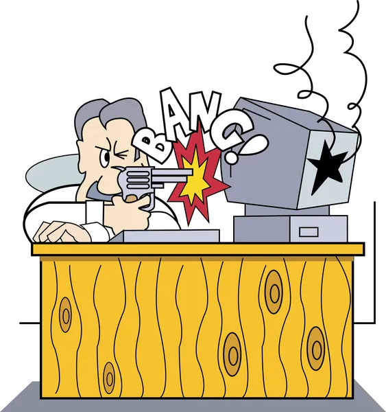 Frustrated Man Blowing His Computer — Stock Vector