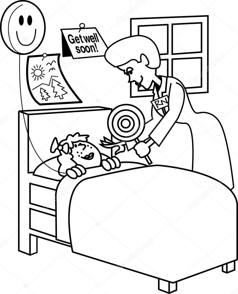 Nurse bending over a sick girl in a hospital bed