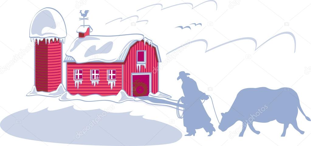 Rancher And His Cow Silhouetted In The Winter Near A Snow Covered Barn