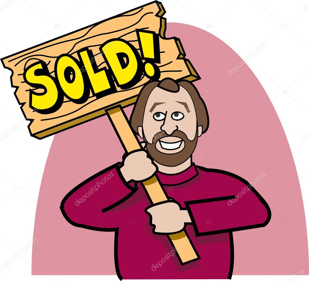Happy Man In A Red Sweater Holding A Wooden Sold Sign After Selling A House Clipart Illustration
