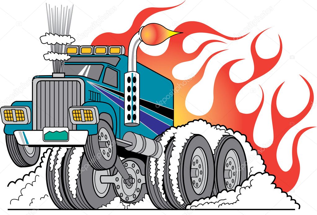 Tough Big Rig Hot Rod Truck Flaming And Smoking Its Rear Tires Doing a Burnout in Flames