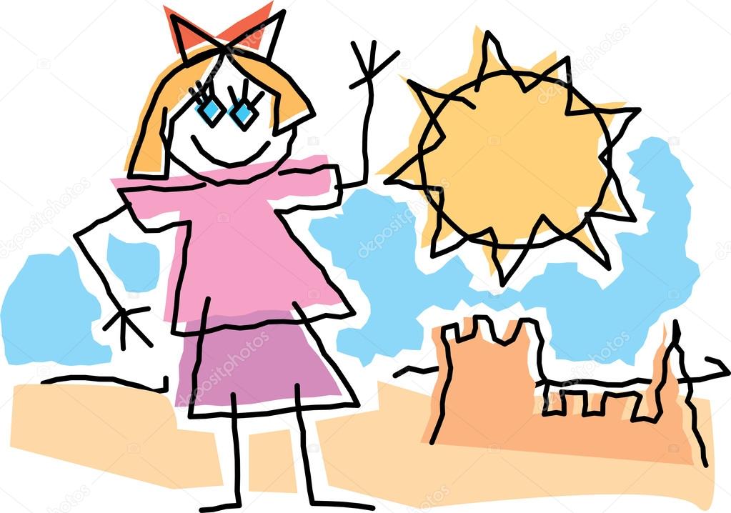 Childlike Drawing Of A Little Girl Waving And Playing By Sandcastle Stock Vector Childlike Drawing Of A Little Girl Waving And Playing By Sandcastle Stock Vector