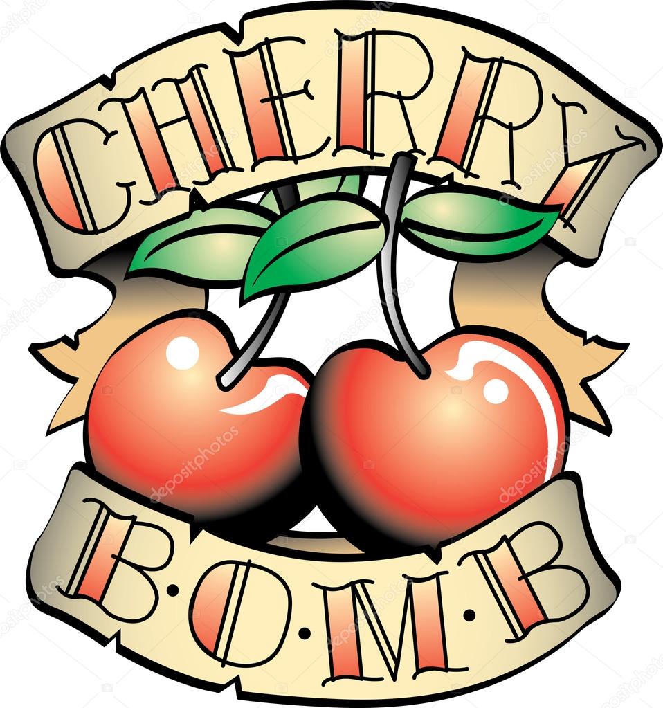 Cherry Bomb Banner And Fruit Tattoo Design