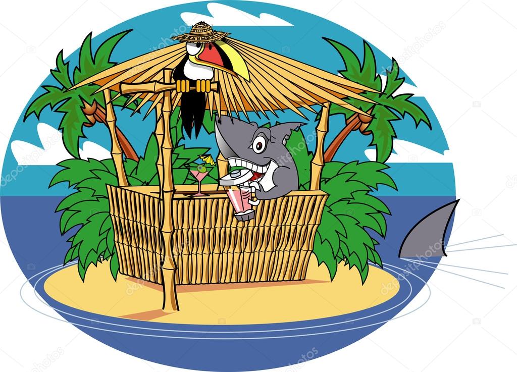 Shark Serving Cocktails At A Tiki Bar On A Tropical Island