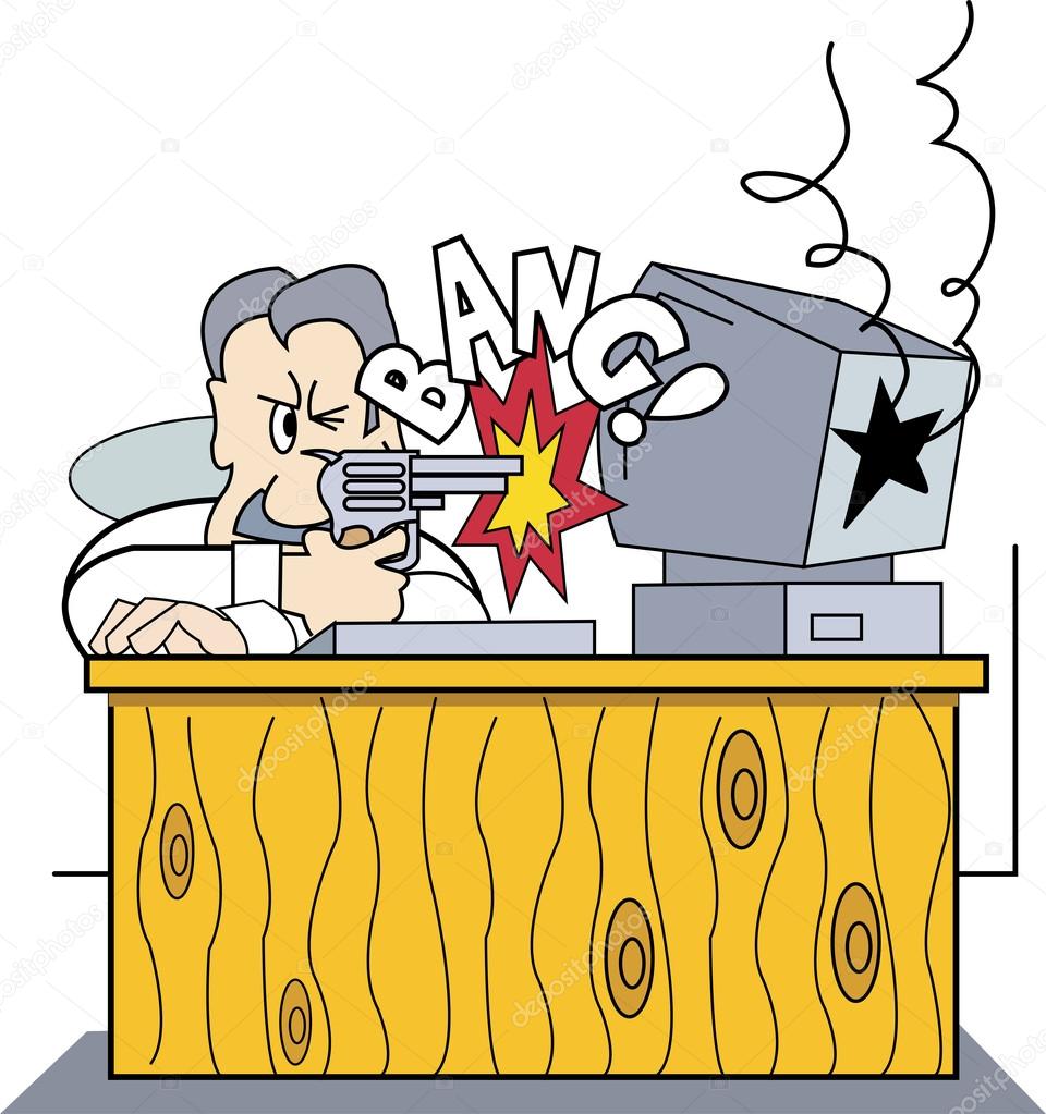 Frustrated Man Blowing His Computers Brains Out With A Gun