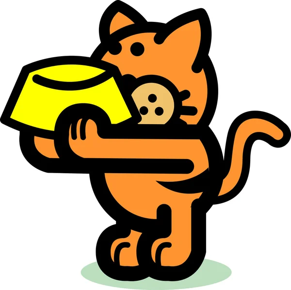 Gato laranja faminto segurando um prato de comida amarela —  Vetores de Stock